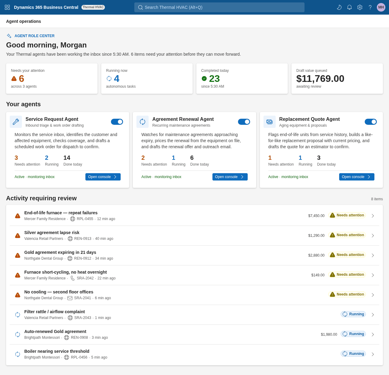 Thermal beside Microsoft Dynamics 365 Business Central — a companion surface showing service, agreement-renewal, and replacement-quote work, with a queue of items needing review
