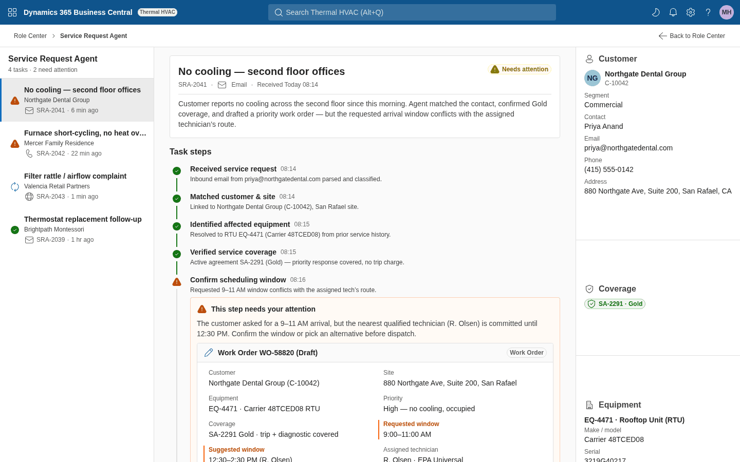 Business Central agent console — a no-cooling service request worked step by step into a drafted work order, stopped at the scheduling step for review