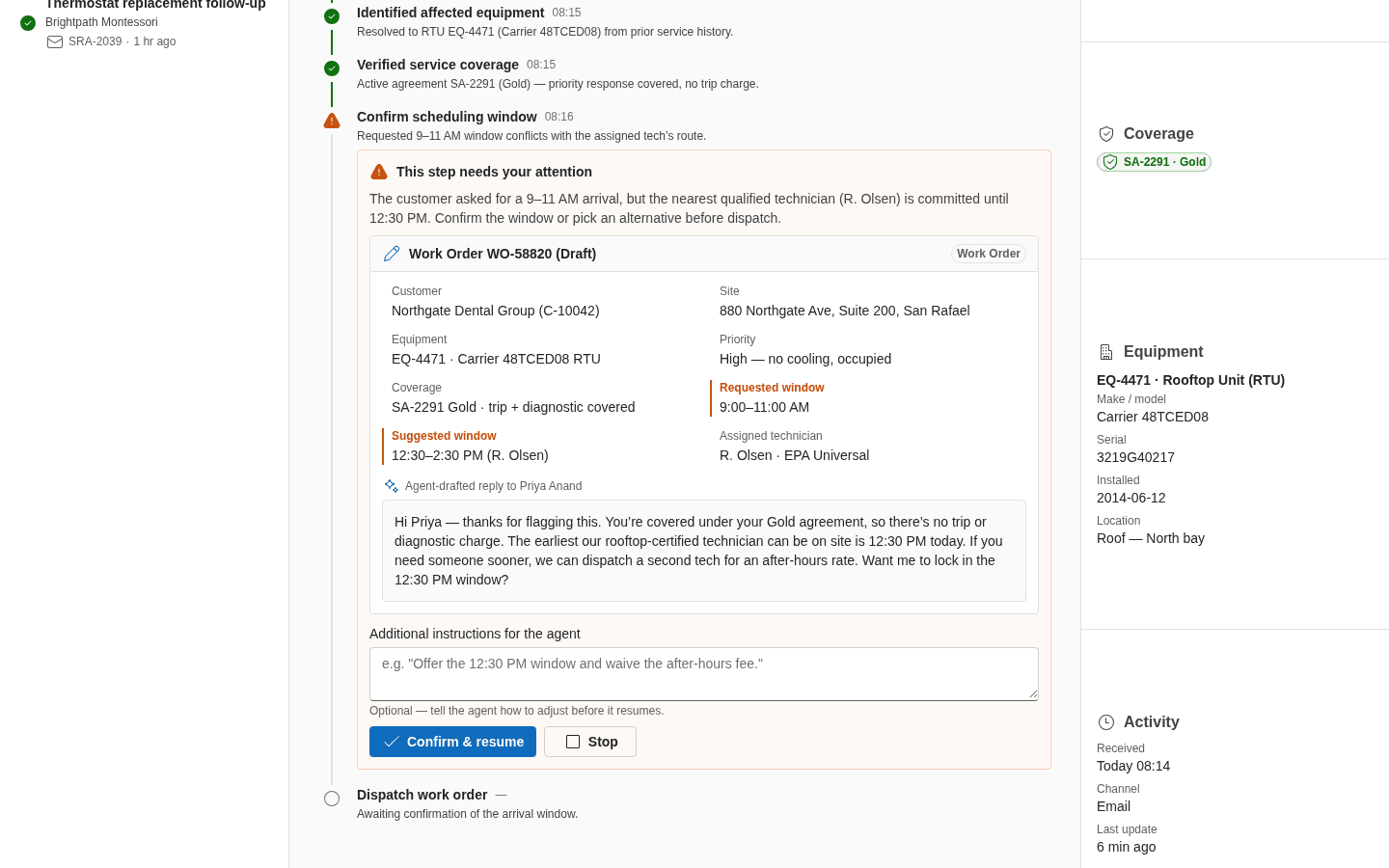 The review step in Business Central — a drafted customer reply and an instructions field, with confirm-and-resume and stop actions