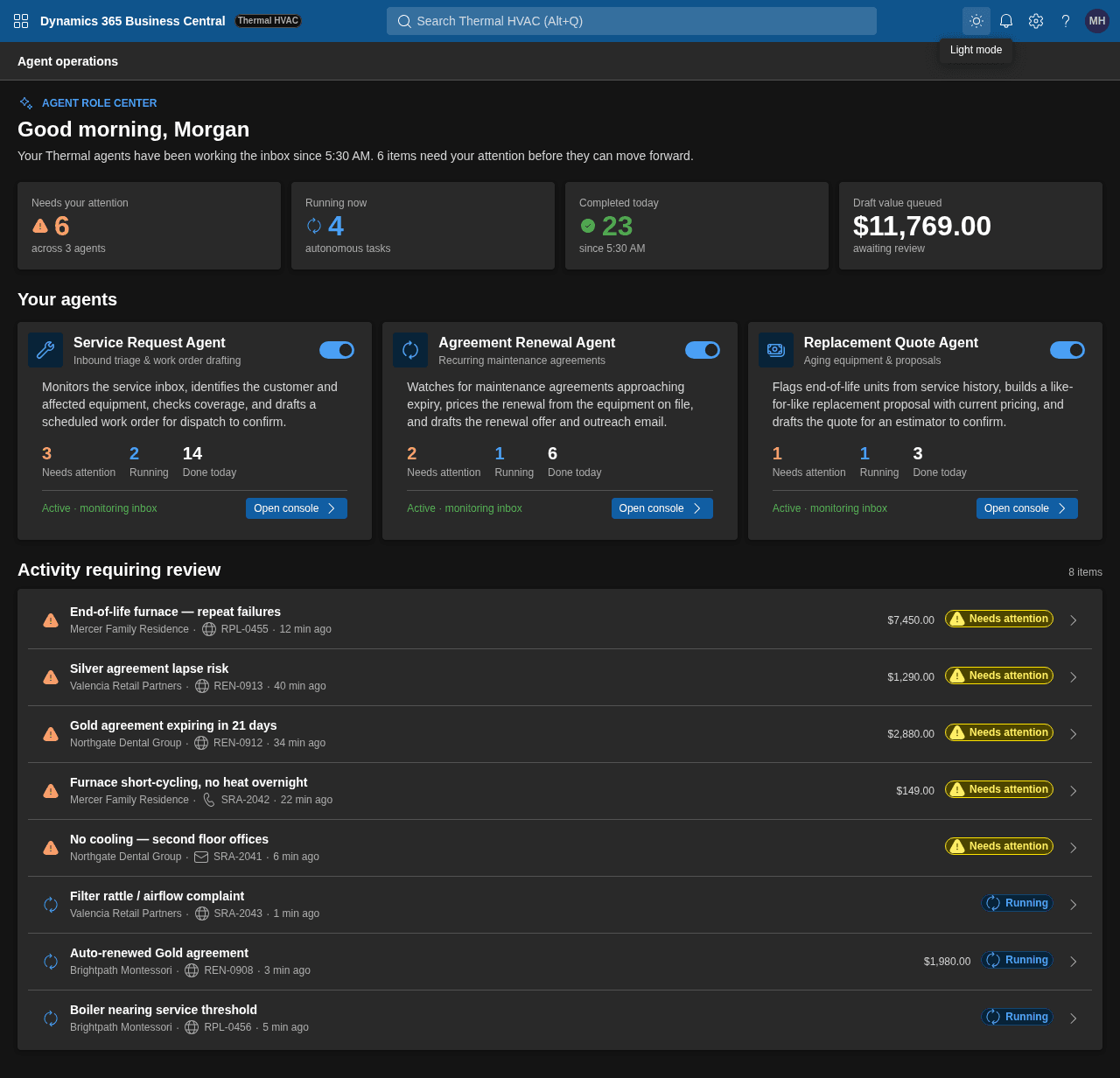 The Business Central companion surface in dark mode — the same service, renewal, and replacement work and review queue