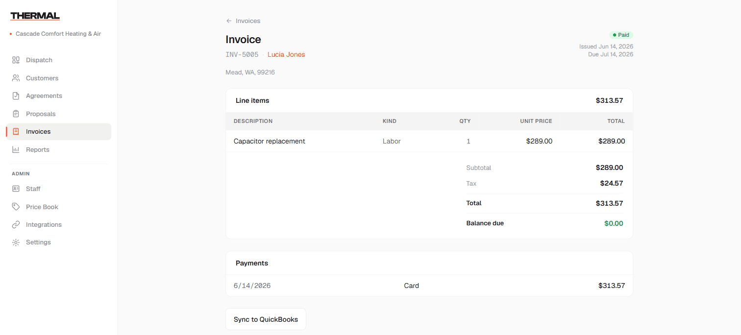 A Thermal invoice ready to sync to Xero — line items pulled from the flat-rate pricebook, payment taken on site