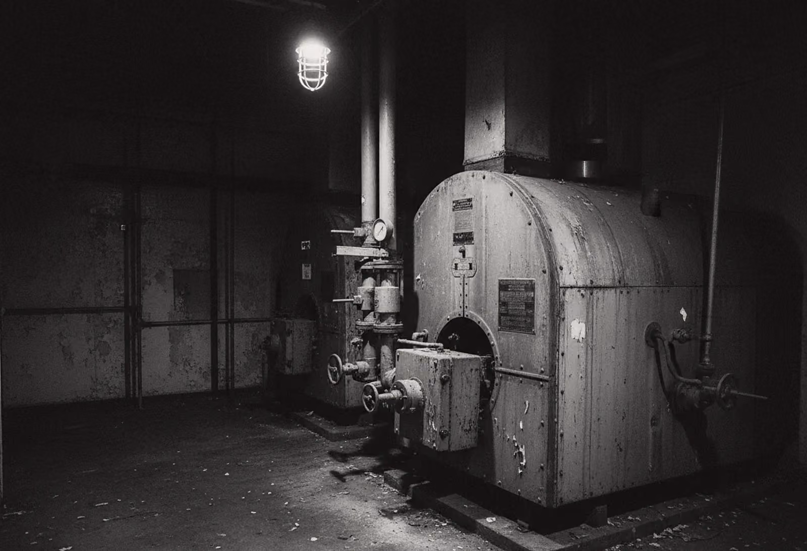 A hot-water boiler in a dark school basement, its data plate lit by one caged bulb.